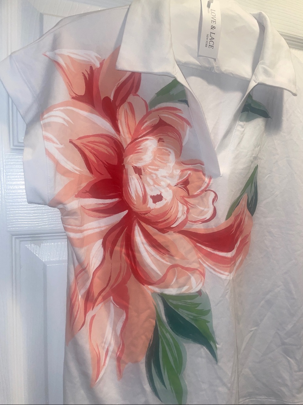 White Polo Shirt with Coral Floral Print - Picture 2 of 5
